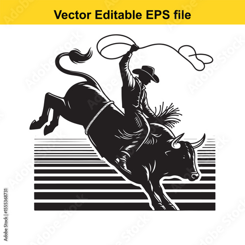 Dynamic Rodeo Scene: A Cowboy Rides a Bucking Bull in a Black and White Illustration