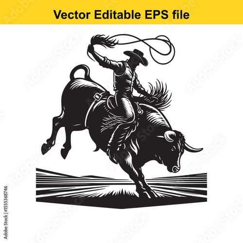 Dynamic Rodeo Scene: A Cowboy Rides a Bucking Bull in a Black and White Illustration