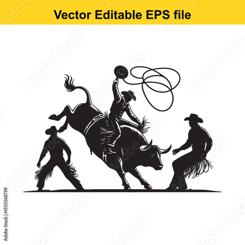 Dynamic Rodeo Scene: A Cowboy Rides a Bucking Bull in a Black and White Illustration