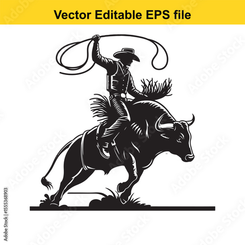 Dynamic Rodeo Scene: A Cowboy Rides a Bucking Bull in a Black and White Illustration