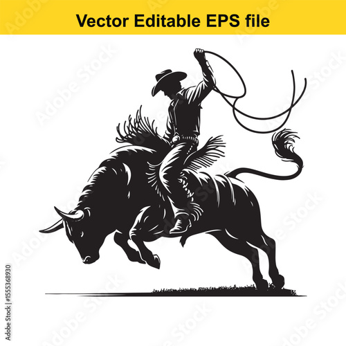 Dynamic Rodeo Scene: A Cowboy Rides a Bucking Bull in a Black and White Illustration