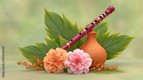 Cultural creation of a timeless flute symbol nature-infused setting decorative artwork vibrant viewpoint