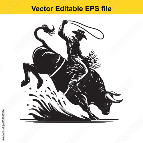 Dynamic Rodeo Scene: A Cowboy Rides a Bucking Bull in a Black and White Illustration
