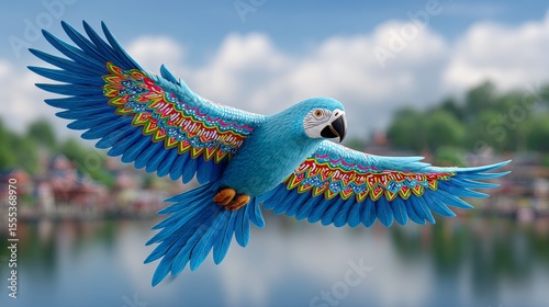 Vibrant blue macaw soars over serene lake wildlife photography nature scenic view cultural symbolism