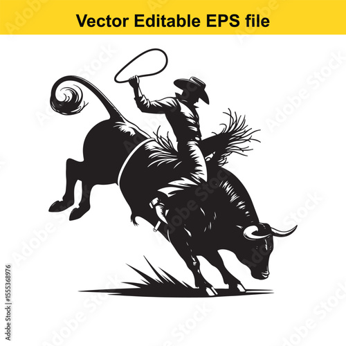 Dynamic Rodeo Scene: A Cowboy Rides a Bucking Bull in a Black and White Illustration