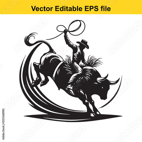 Dynamic Rodeo Scene: A Cowboy Rides a Bucking Bull in a Black and White Illustration