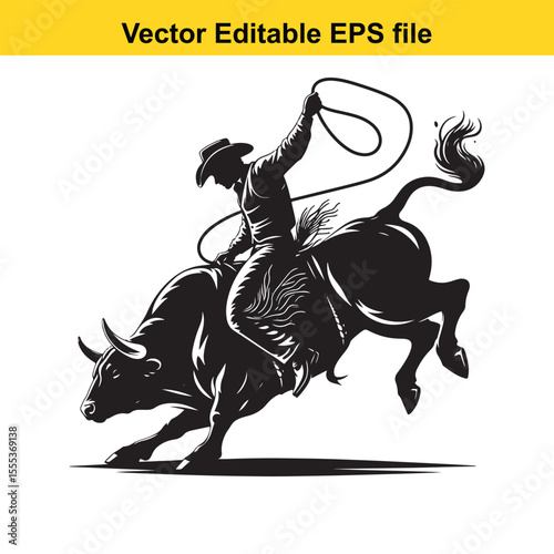 Dynamic Rodeo Scene: A Cowboy Rides a Bucking Bull in a Black and White Illustration