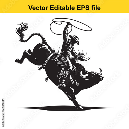 Dynamic Rodeo Scene: A Cowboy Rides a Bucking Bull in a Black and White Illustration