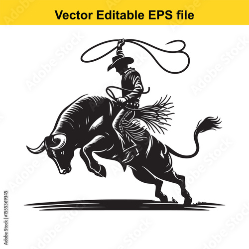Dynamic Rodeo Scene: A Cowboy Rides a Bucking Bull in a Black and White Illustration