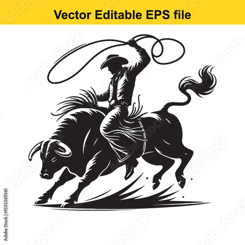 Dynamic Rodeo Scene: A Cowboy Rides a Bucking Bull in a Black and White Illustration