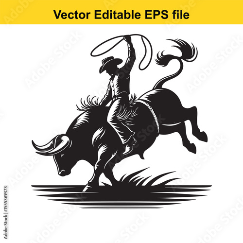 Dynamic Rodeo Scene: A Cowboy Rides a Bucking Bull in a Black and White Illustration