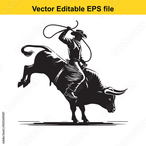 Dynamic Rodeo Scene: A Cowboy Rides a Bucking Bull in a Black and White Illustration