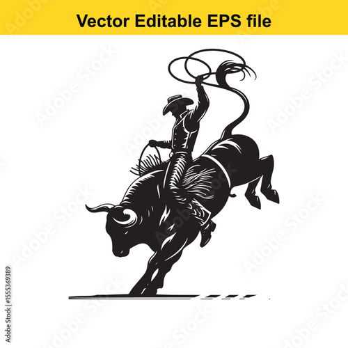 Dynamic Rodeo Scene: A Cowboy Rides a Bucking Bull in a Black and White Illustration