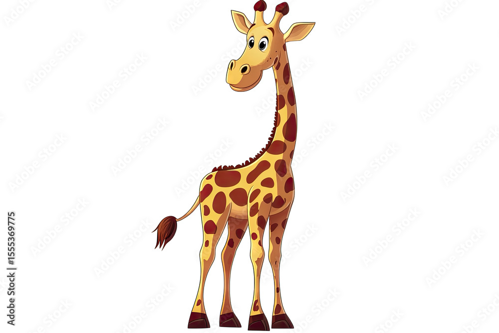 Fototapeta premium A Cartoon Giraffe With A Long Neck Brown Spots And A Friendly Expression Stands On A Transparent Background