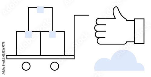 Boxes stacked on a cart signify logistics, with a hand giving a thumbs-up representing approval. Ideal for delivery, e-commerce, supply chain, shipping, quality, business growth, simple landing page