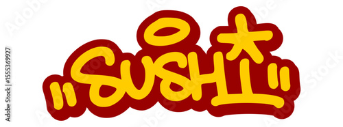 Vector graffiti tag illustration of the word "sushi" in bold yellow with red line accents. Hand-drawn street art lettering on transparent background. Fresh, bold, and urban food-themed graffiti