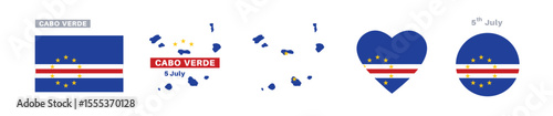 cabo verde flag and map set. cabo verde flag in official colors and proportions. independence day 5 july , map, circle and heart shaped cabo verde
