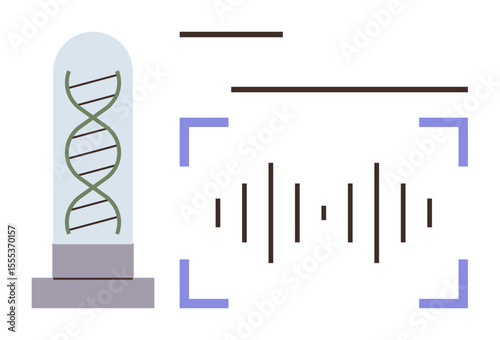 DNA helix in a glass capsule alongside waveform patterns framed by analysis lines. Ideal for genetics, biotechnology, research, innovation, science, data analysis, health advancements. Simple flat