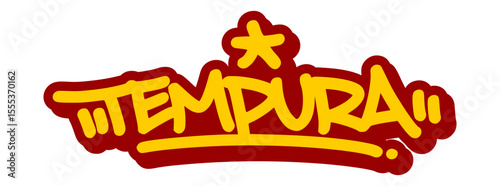 Vector graffiti tag illustration of the word "tempura" in bold yellow with red line accents. Hand-drawn street art lettering on transparent background. Crispy, bold, and Japanese food-inspired.