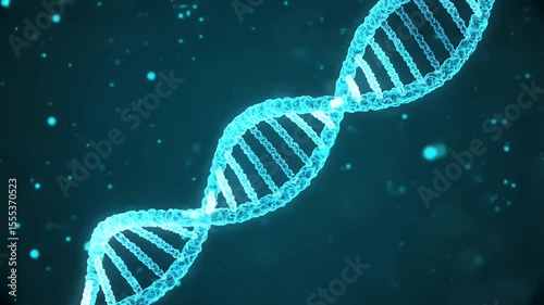 Animated DNA double helix with glowing particles on dark blue background, science design
