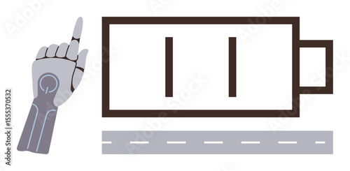 Robotic hand pointing up, large low-battery icon next to road design. Ideal for technology, robotics, automation, energy, sustainability, innovation futuristic concepts. Minimal simple flat