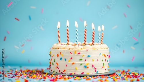 Birthday celebration cake with candles festive atmosphere colorful confetti close-up view