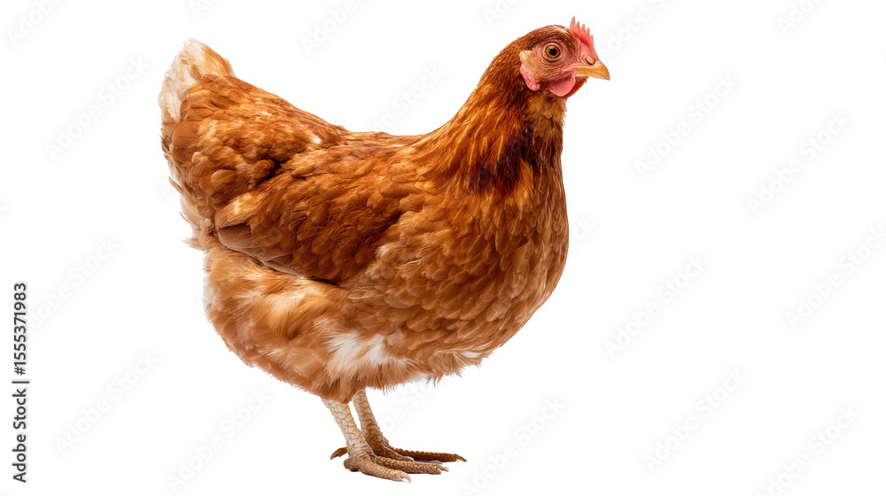 Fototapeta premium Brown chicken with feathers, standing on a white isolated background.