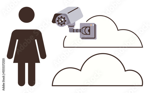 Female silhouette alongside a security camera connected to cloud storage, symbolizing data privacy, monitoring, and technology. Ideal for security, privacy, cloud computing, surveillance, IoT AI