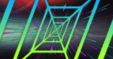 Forming glowing neon frames receding into digital tunnel, with grid walls, magenta and cyan streaks
