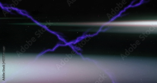 Pulsing purple lightning bolts crossing cosmic void center, with greenish and white light bands