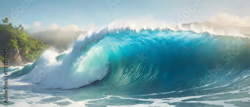 Wave rolling toward a tropical shore. Gentle watercolor painting with soft textures and lush coastal scenery.