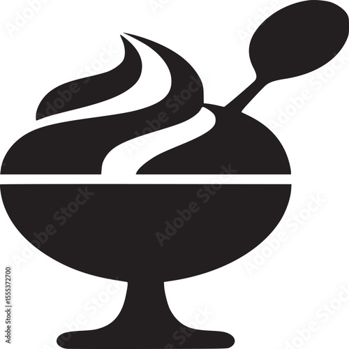 Isolated black dessert icon of ice cream in a bowl with a spoon on a white background simple design