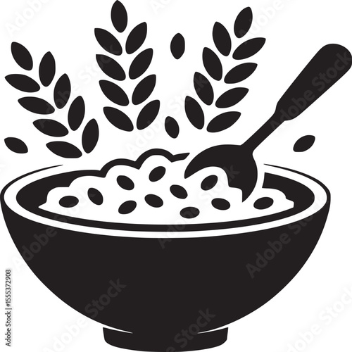 A black and white graphic of a bowl of cereal with a spoon and wheat stalks behind it in silhouette