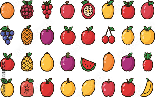 A fresh, healthy collection of fruit and vegetable illustrations, including apples, bananas, cherries, lemons, oranges, peaches, pears, pineapples, plums, strawberries, and watermelons