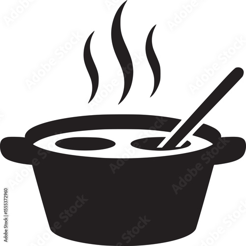 Black and white graphic of a pot with steam rising and a spoon inside a simple vector illustration