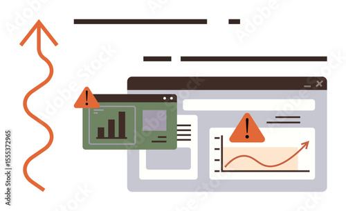 Graph on upward trend, warnings on dashboard screens, and an arrow indicating data growth. Ideal for risk assessment, business analysis, error tracking, data visualization, dashboard design, finance
