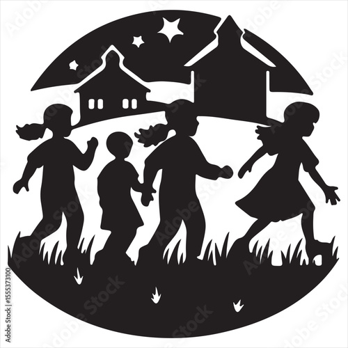 Children Walking to School – Rural Education Silhouette Scene

