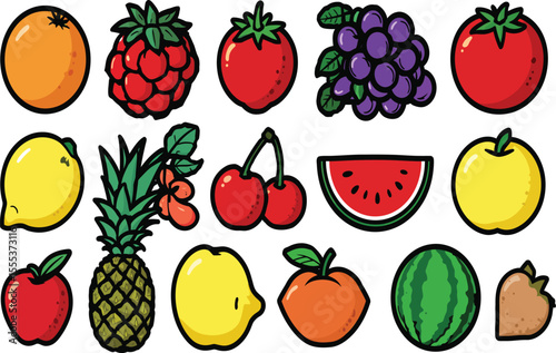 A vibrant collection of fresh cartoon fruits and vegetables, including apple, strawberry, orange, banana, cherry, pineapple, pear, lemon, grape, berry, watermelon, plum, and kiwi illustrations