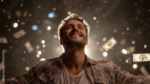 Relaxed man in joy as money flutters down in soft golden light Video 4K UHD 60 FPS