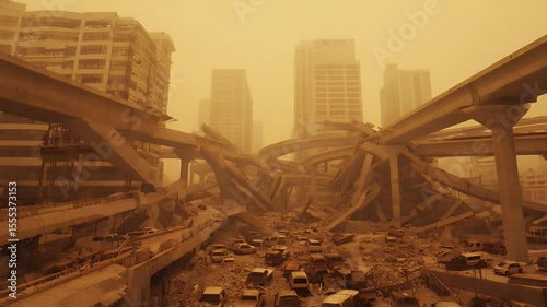 Post-Apocalyptic Urban Landscape with Ruined Infrastructure and Heavy Dust Storms
