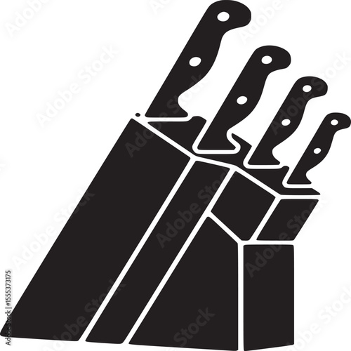 A black and white graphic illustration of a knife block with several knives in the kitchen tool set