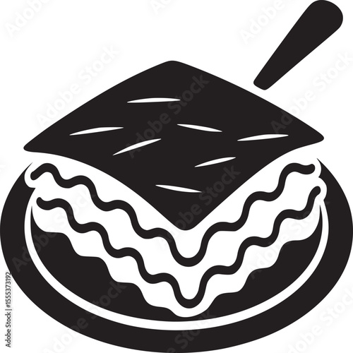 A black and white illustration of a slice of lasagna on a plate with a serving utensil on the side