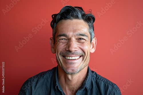 Portrait of a happy senior man smiling at the camera against a red background
