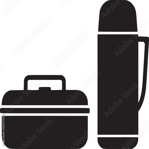 A black silhouette of a lunchbox and thermos sitting side by side on a plain white background image