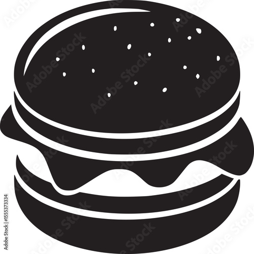 A black and white graphic illustration of a burger with visible layers on a plain white background