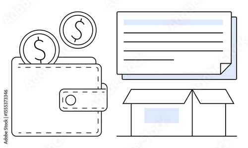 Wallet with coins, bank check, and shipping box symbolize money management, payment processes, online shopping, logistics, savings, wealth economic transactions. Ideal for finance delivery