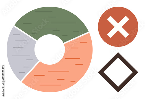 Circular segmented chart, red cross, and outlined diamond focus on visualization of data, decision-making. Ideal for business, data analysis, infographics, strategy, presentations problem-solving
