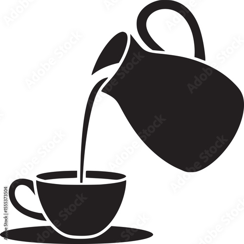 Black silhouette of liquid being poured from a pitcher into a cup on a saucer illustration