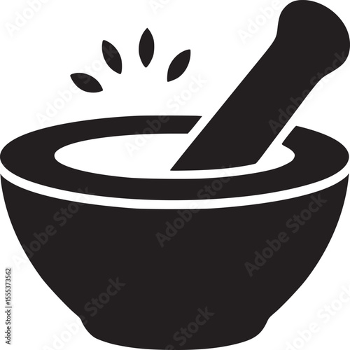 A black and white illustration of a mortar and pestle with herbs being ground into a fine powder