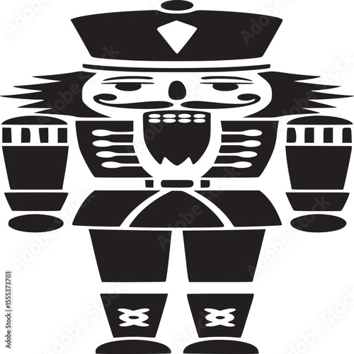 A black silhouette of a nutcracker with a hat mustache and beard isolated on a white background